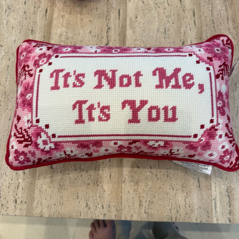 Pink Cross-Stitch Decorative Pillow - "It's Not Me, It's You"